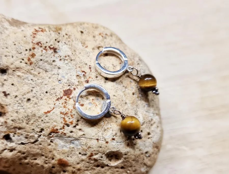 Tigers eye huggie hoop earrings. Sterling silver