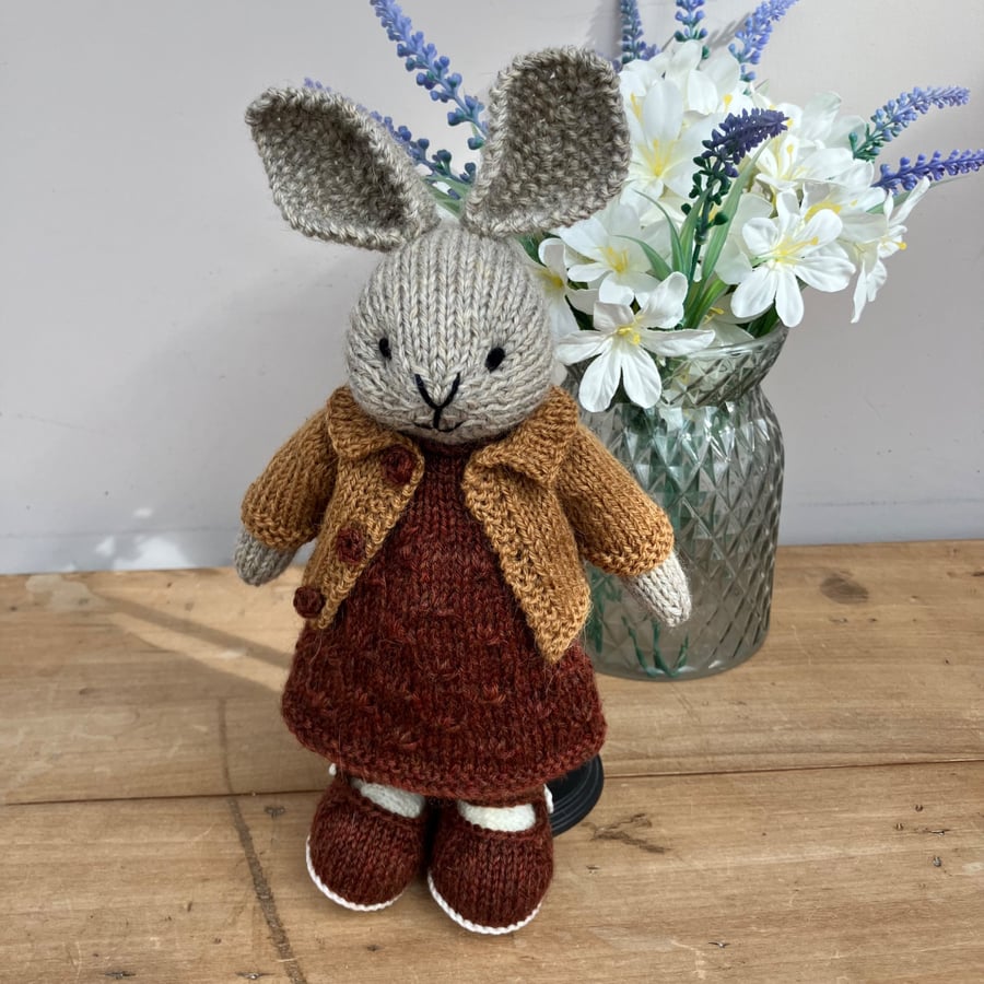 Hand Knitted Rabbit in Rust Textured Dress