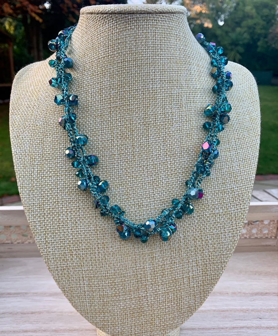 Handmade Original Design Crystal Blue Multi Layered Statement Necklace
