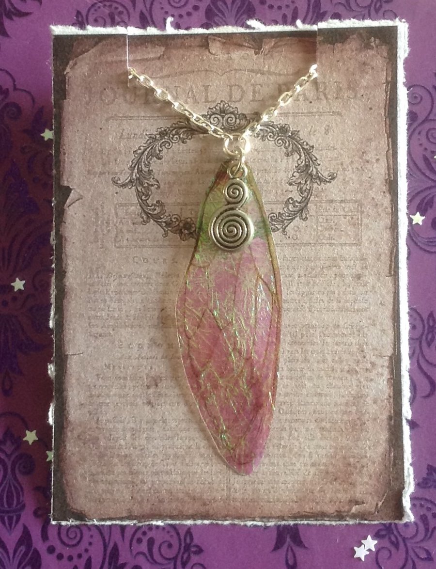 Soft Brown Wood Fairy Wing Long Silver Iridescent Necklace