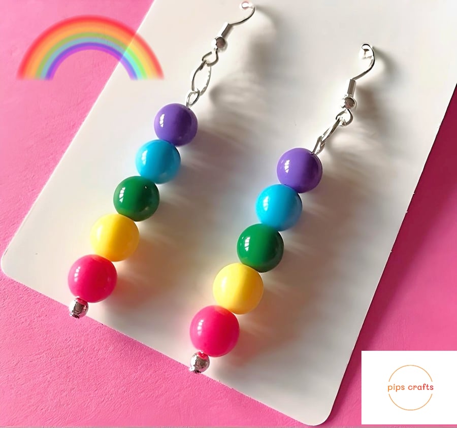 Fun Colourful Rainbow Bead Dangle Earrings, Quirky Handmade Jewellery, Pride