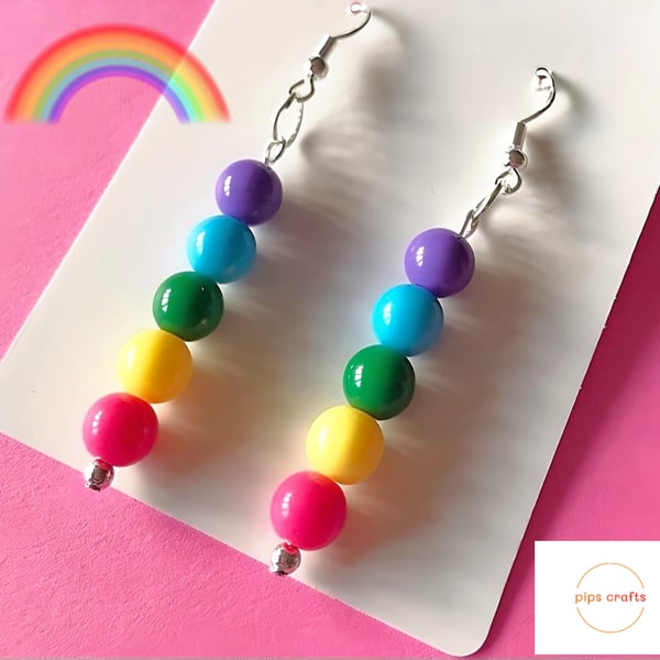 Fun Colourful Rainbow Bead Dangle Earrings, Quirky Handmade Jewellery, Pride