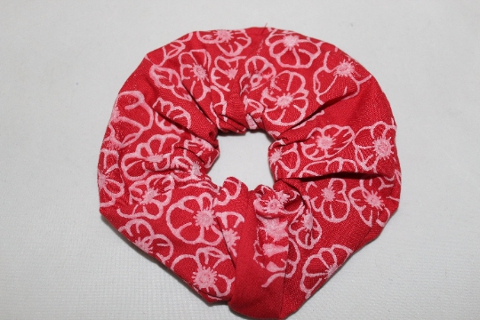 red & white hair scrunchie hand print floral,Eco hair accessory,gift