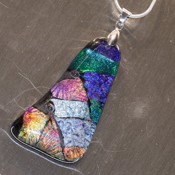 Patchwork Dichroic Glass Statement Pendant with Silver Chain - 1275