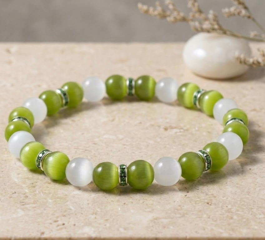 Olive and White Cats Eye Glass Stretch Bracelet. 