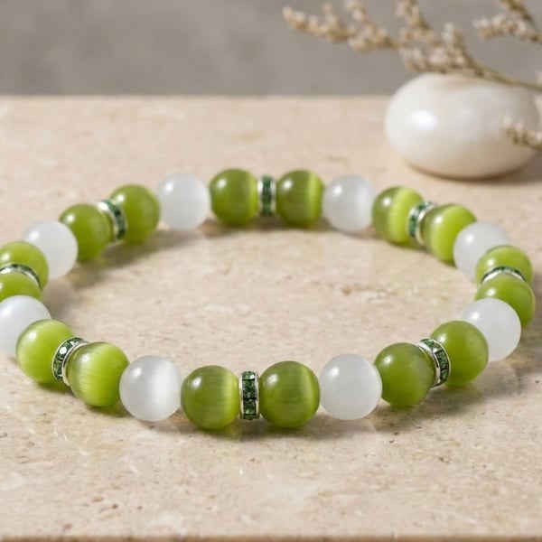 Olive and White Cats Eye Glass Stretch Bracelet. 