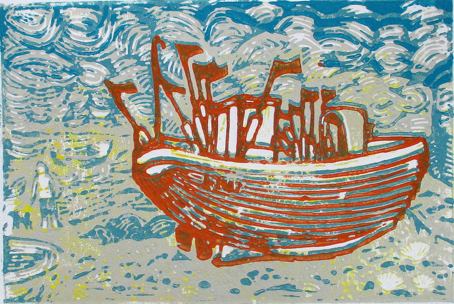 Hastings Boat on the Beach - Original Hand Pressed Linocut Print