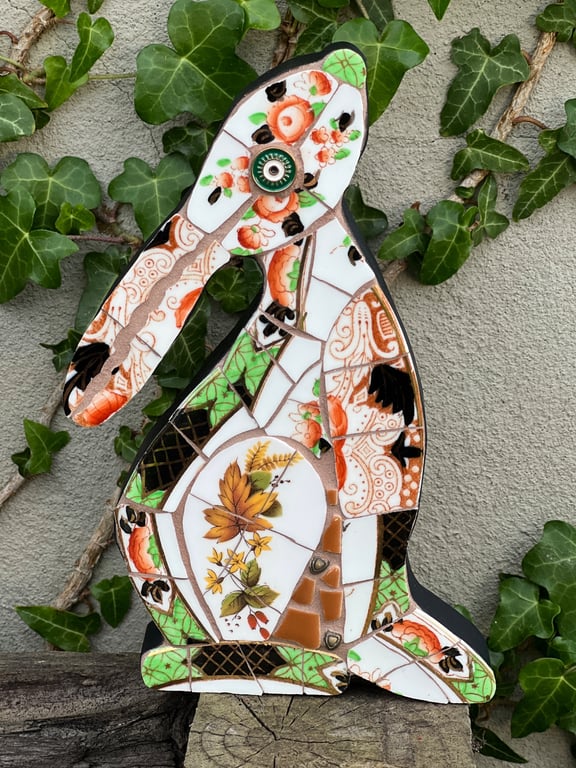 Mosaic Moon Gazing Hare, Made with Vintage china, Ceramic Mosaic Art