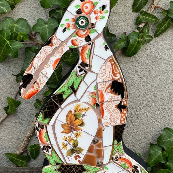 Mosaic Moon Gazing Hare, Made with Vintage china, Ceramic Mosaic Art