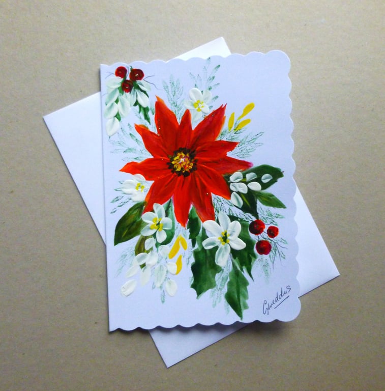 original hand painted floral Christmas poinsettia card ( ref FA 61 M5 )