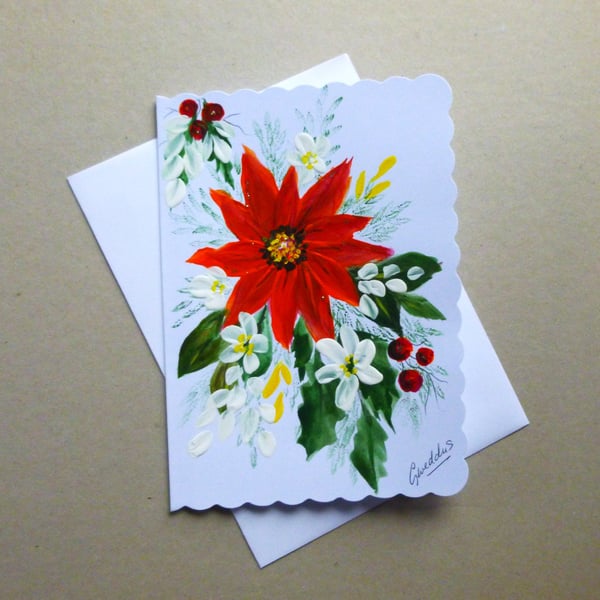 original hand painted floral Christmas poinsettia card ( ref FA 61 M5 )