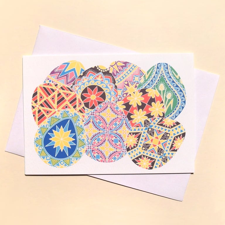 Pysanky Egg Card with Patterned Eggs Design - A6 blank greetings card A-PYW