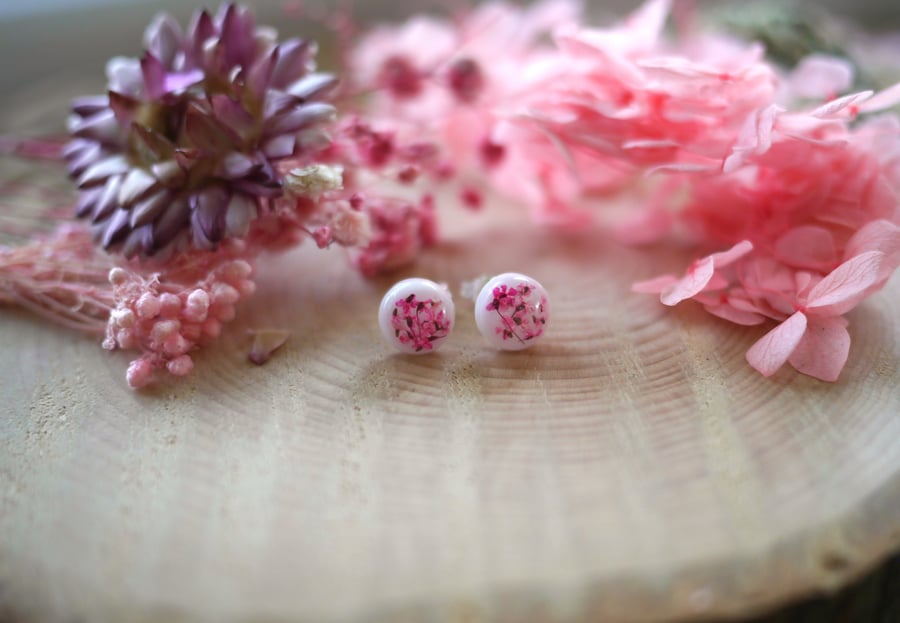 Pink Dried Pressed Flowers in White Resin with Sterling Silver Stud Earrings