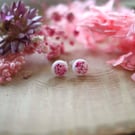 Pink Dried Pressed Flowers in White Resin with Sterling Silver Stud Earrings