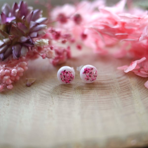 Pink Dried Pressed Flowers in White Resin with Sterling Silver Stud Earrings