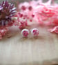 Pink Dried Pressed Flowers in White Resin with Sterling Silver Stud Earrings