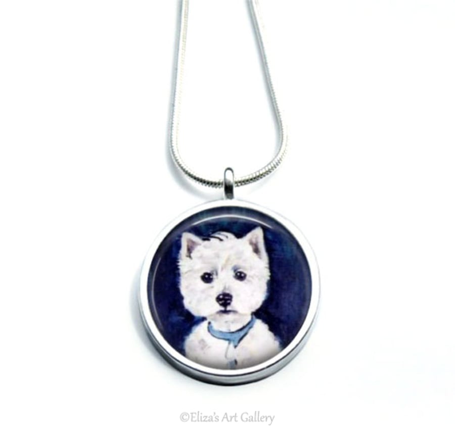 Silver Plated West Highland Terrier Dog Art Snake Chain Necklace