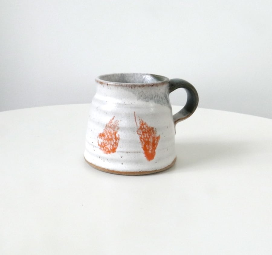 Rustic ceramic green, orange and white mugs - handmade stoneware pottery