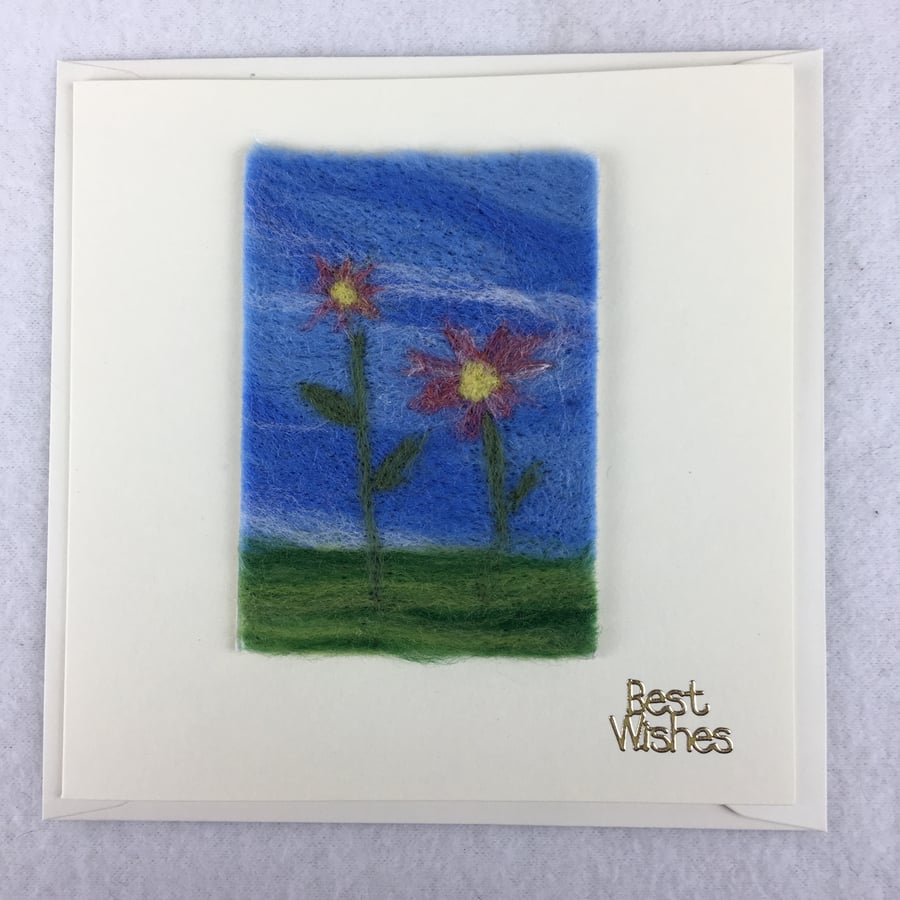 Needle felted flower card, best wishes, removable ACEO
