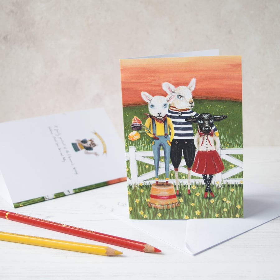 Three little lambs A6 greeting note card. Spring time. Great for Easter