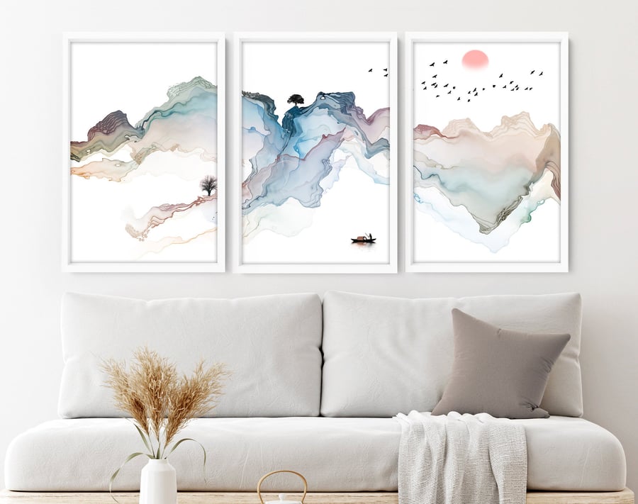 Watercolor Minimal Landscape Mountain Set of 3 Prints, Livingroom Wall Decor, Ab
