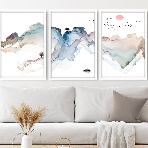 Watercolor Minimal Landscape Mountain Set of 3 Prints, Livingroom Wall Decor, Ab