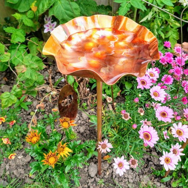 Copper bowl birdbath bird feeder garden art