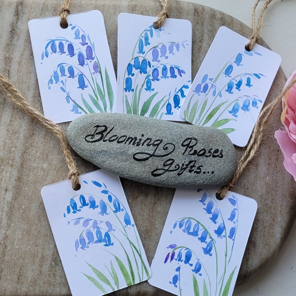 Hand painted original watercolor gift tags, spring flowers, bluebells, set of 5