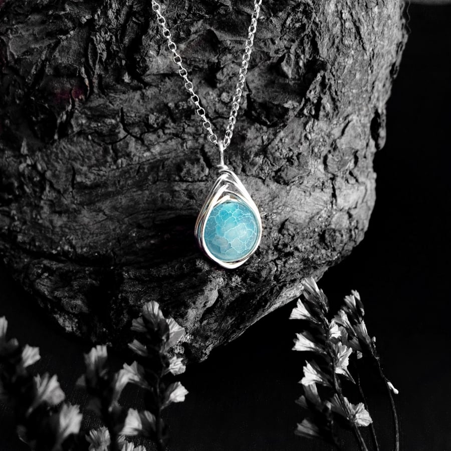 Crystal Bead Wire Wrap Necklace. Turquoise Desert Agate Stone & Sterling Silver 