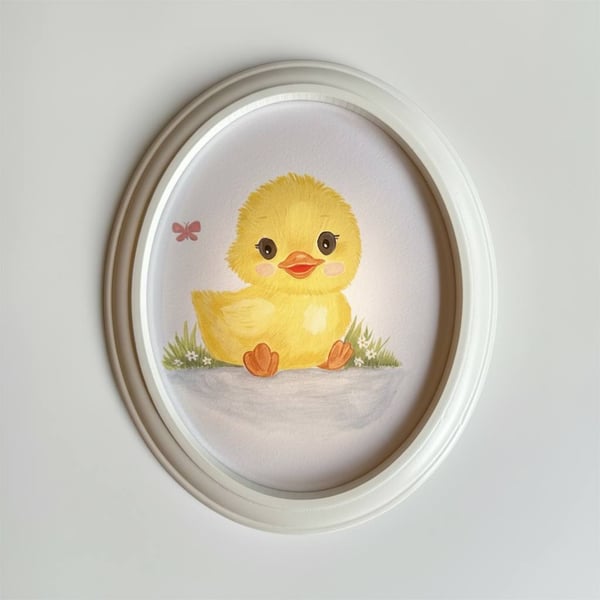Hand-Painted Chick Wall Art, Framed Oval Acrylic Yellow Duckling Nursery Decor