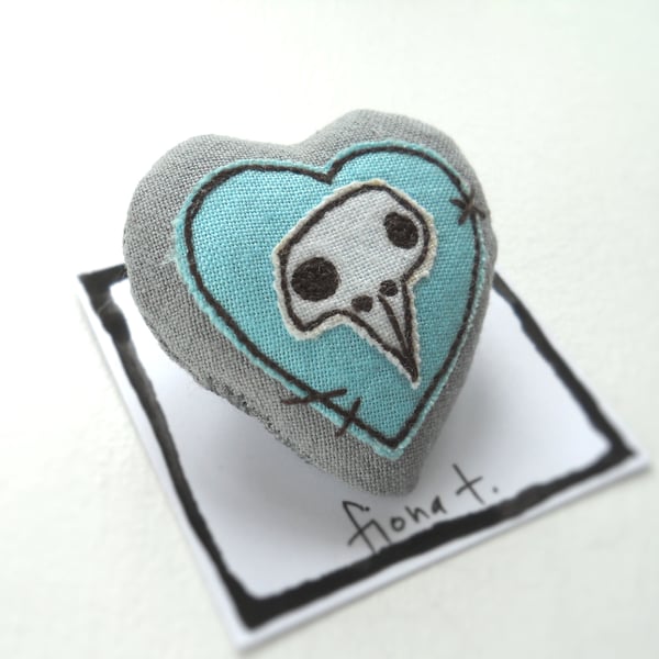 freehand embroidered chicken skull heart textile brooch duck egg blue
