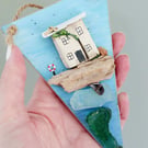 Driftwood Miniature Cottage Hanging Decoration with Sea Glass and Beach Finds