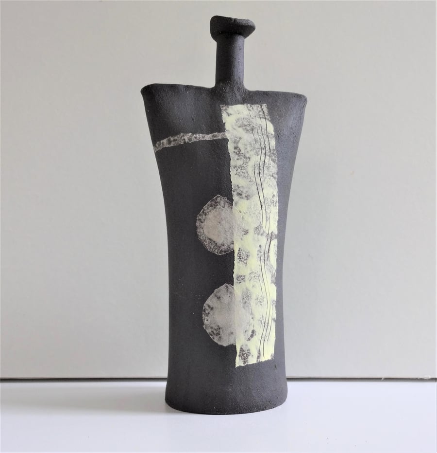 Simeon.  Black abstract ceramic art pottery, handmade, decorated, high-fired.