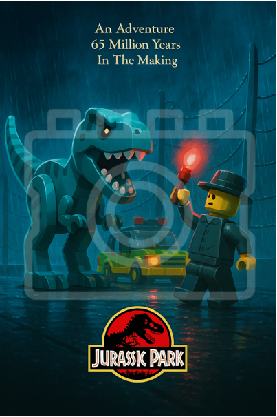 JURASSIC PARK: T REX BREAKOUT - LEGO-Inspired A4 Movie Poster - Ready to Frame