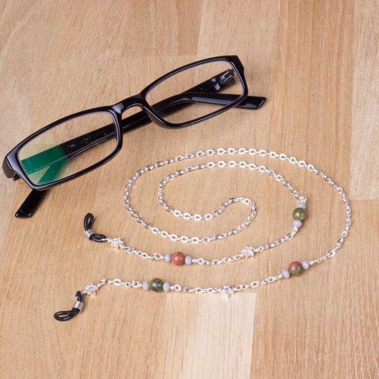 Gemstone glasses chain - unakite and jade sunglasses chain with stars