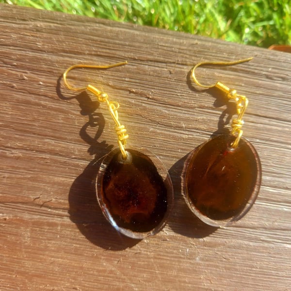 Small Coffee and Yellow Oval Dangle Earrings