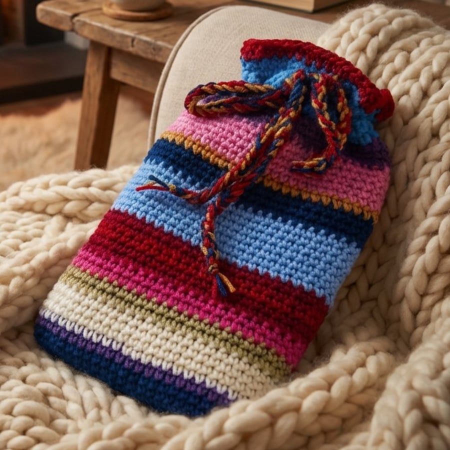 Crocheted Hot Water Bottle Cover, Drawstring Closure, Cosy Winter Accessory