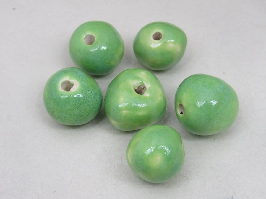 6 Medium Apple Green Glazed Clay Beads