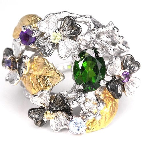 Divine Multi-Gemstone Romantic Art Nouveau style Floral Foliate Ring