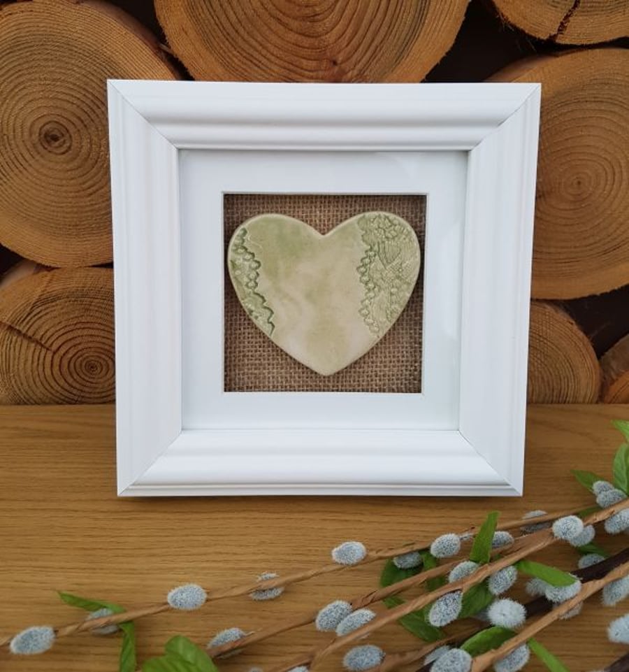 Green Lace Ceramic Heart in White Frame