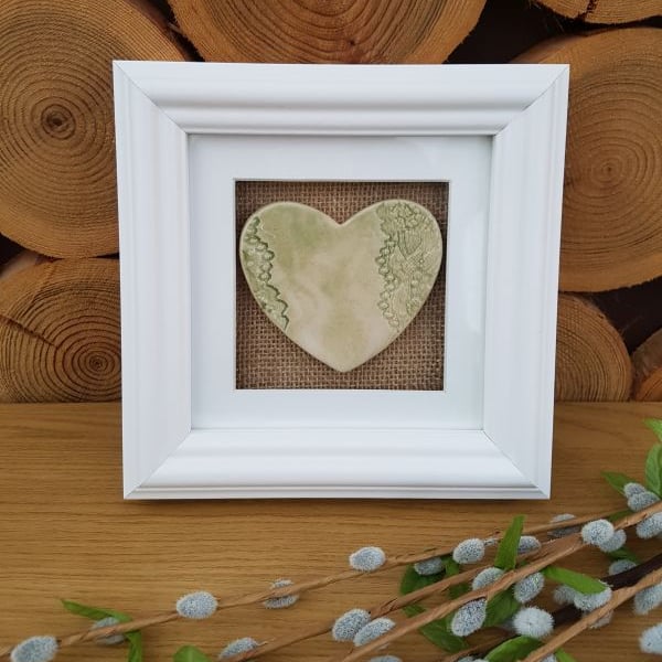 Green Lace Ceramic Heart in White Frame