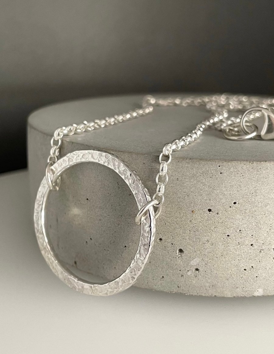 Hallmarked Sterling Silver 30mm Circle Necklace Hammered-Sparkly 16-24 Inches 