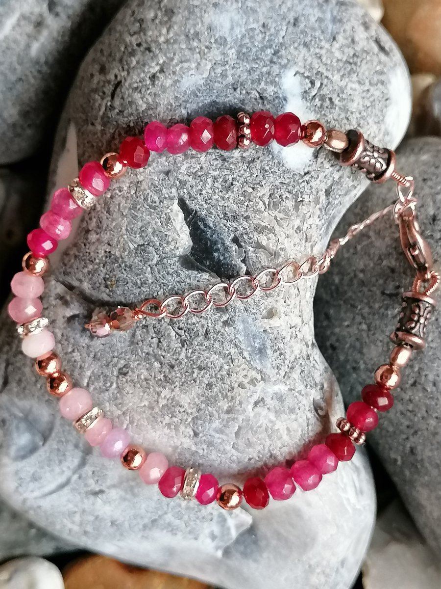 Gemstone bracelet, pink bracelet, jade beads 