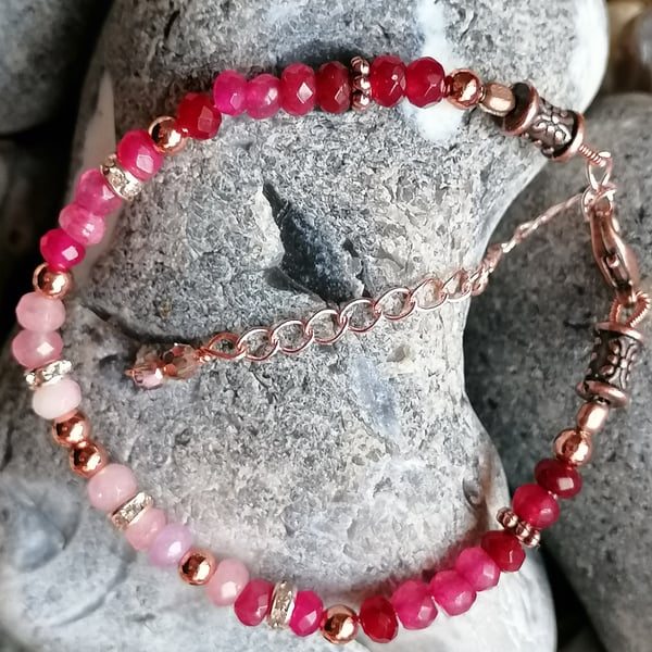 Gemstone bracelet, pink bracelet, jade beads 