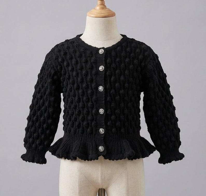 Hand knitted girls black peplum bobble cardigan 24 inch chest 