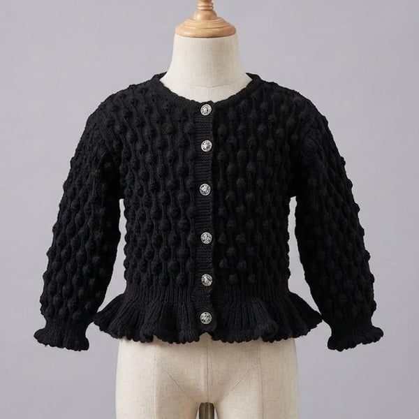 Hand knitted girls black peplum bobble cardigan 24 inch chest 