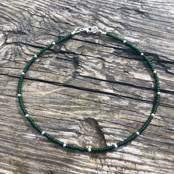 Dark green seed bead & sterling silver anklet 