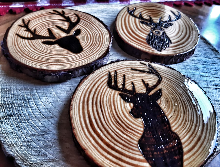 Hand Crafted Large Chunky "Wild Hunt" Wooden Stag Deer Coaster Set