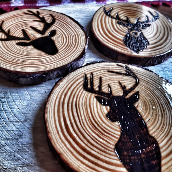 Hand Crafted Large Chunky "Wild Hunt" Wooden Stag Deer Coaster Set