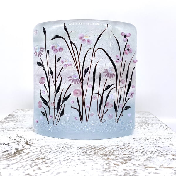 Glass Flower Meadow Panel in Grey, Purple, Pink & Black